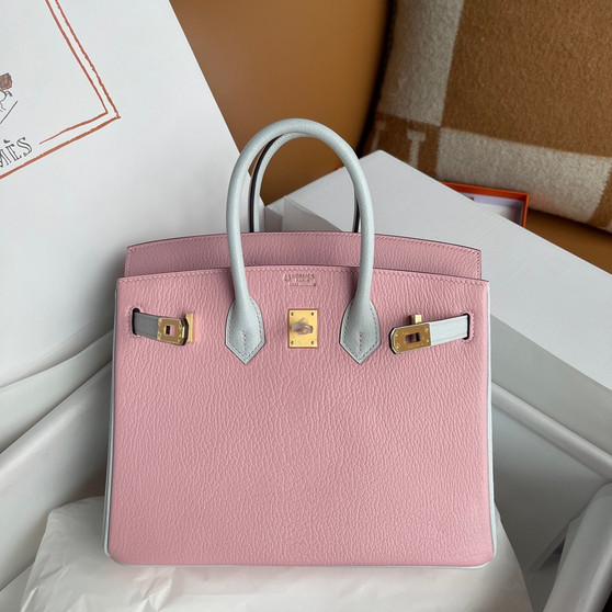 Hermes Special Order Sakura Pink/Bleu Pale  Birkin 25 cm Chèvre Gold Hardware