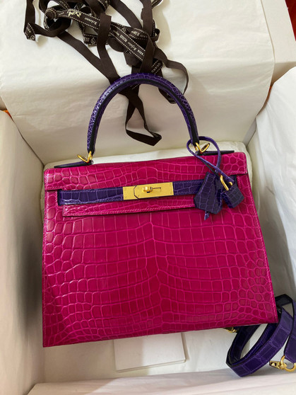 Hermes Special Order Horseshoe SHINY Rose sheheraradez/Purple  NILOTICUS CROCODILE KELLY 28 WITH GOLD HARDWARE