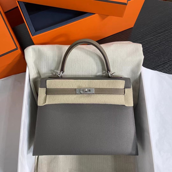 Hermes Special Order Etain/ Etoupe Kelly 25 cm Epsom Palladium  Hardware
