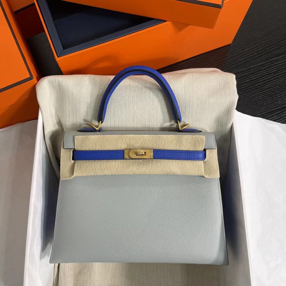 Hermes Special Order Girls Mouette/Blue Zellige Kelly 25 cm Epsom Gold Hardware