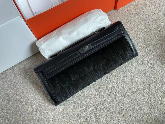 HERMÈS Kelly Cut Black Boxcalf with BlackPeacock Feather GHW Limited Edition 