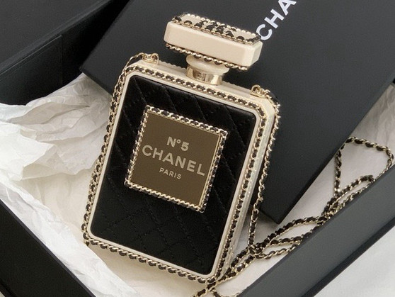 Chanel Black Quilted Leather and White Perspex Perfume Bottle Minaudiere Gold Hardware