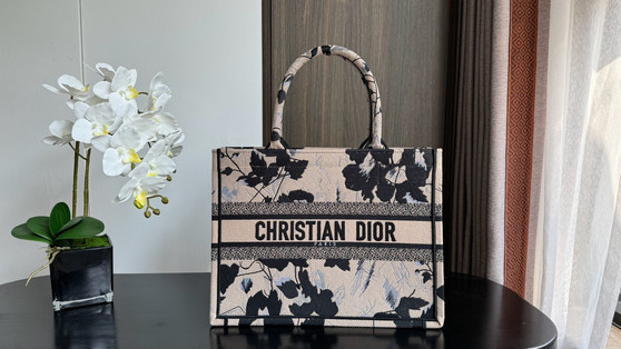 Christian Dior Medium Dior Book Tote  Beige and Black Fleurs Mystiques Embroidery