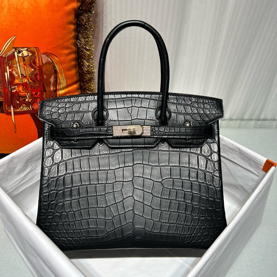 HERMES BLACK POROSUS CROCODILE DIAMOND BIRKIN 25 WITH 18K WHITE GOLD & DIAMOND HARDWARE 