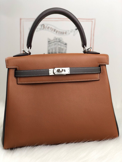 HERMÈS HSS Special Order Kelly 25 handbag in Gold and Etan Evercolor leather with Brushed Palladium hardware