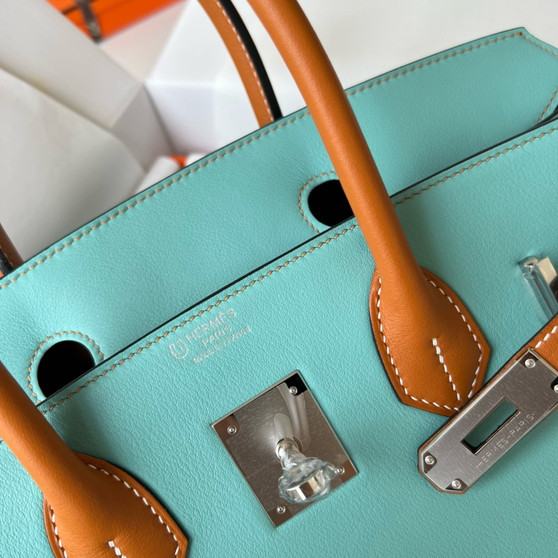 Hermès Blue Atoll/Toffee Birkin 30 cm Swift Leather Palladium Hardware  Hermès Blue Atoll/Toffee Birkin 30 cm Swift Leather Palladium Hardware