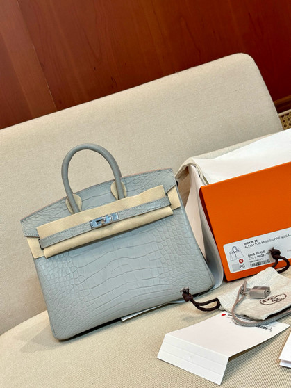 HERMES Gris Perle Birkin 25 Matt Alligator Crocodile Skin Palladium Hardware