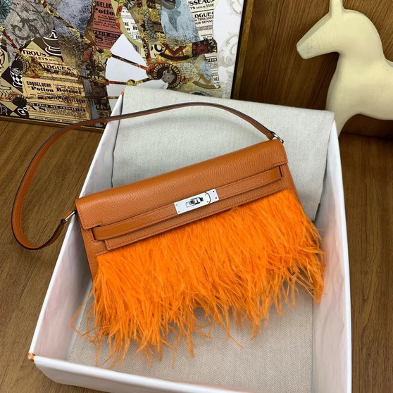 Hermes Kelly Elan Shoulder Strap Bag with Ostrich Feathers Orange