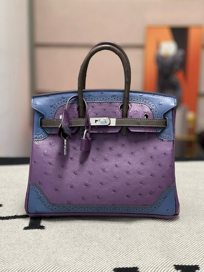 Hermes Birkin Tri-Coloured Ghillies 25 cm handbag in Ostrich Hermes Birkin Tri-Coloured Ghillies 25 cm handbag in Ostrich