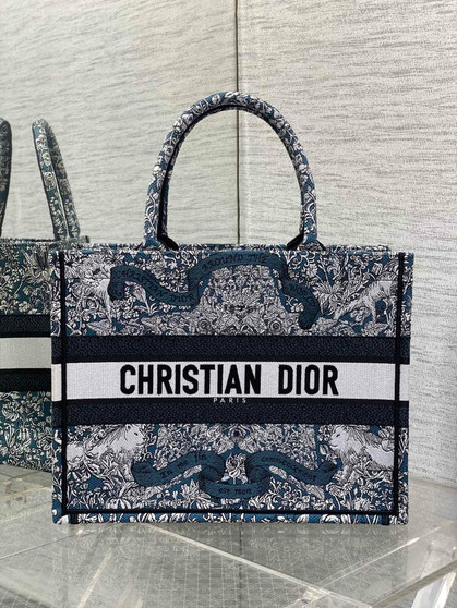 Christian Dior Medium Dior Book Tote Blue Embroidery with White Dior Around the World Motif
