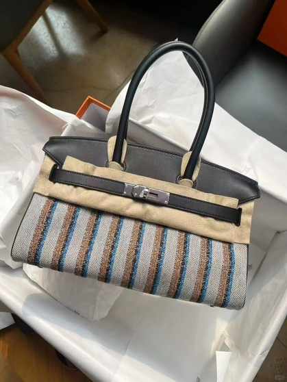 Hermes Birkin Shoulder light Toile H 39cm Black swift / Blue Pop-noir-Gold Phw Hermes Birkin Shoulder light Toile H 39cm Black swift / Blue Pop-noir-Gold Phw