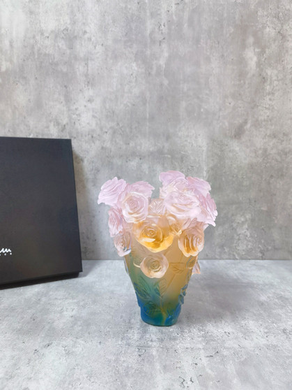 Daum Rose Vase in Yellow, Green & Pink