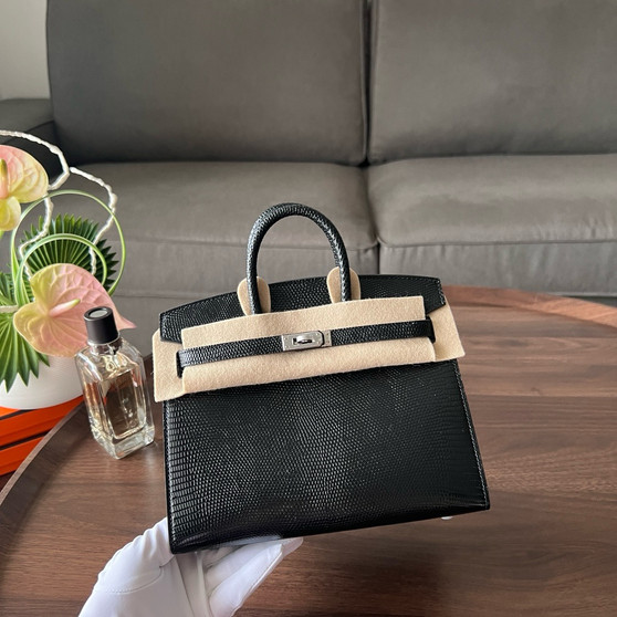 Hermes Birkin 20 Black Shiny Lizard Palladium Hardware