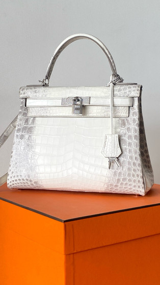 Hermes Kelly Bag 25cm Matte Himalaya Nilo Crocodile Retourne with Diamond  Hardware