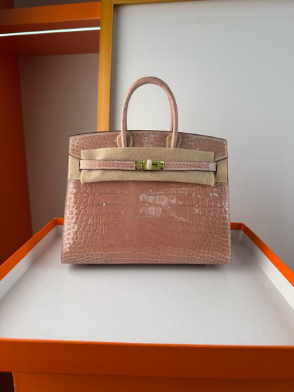 Hermès Sellier Birkin 25 Pink Sakura Shiny Crocodile Niloticus Gold Hardware 