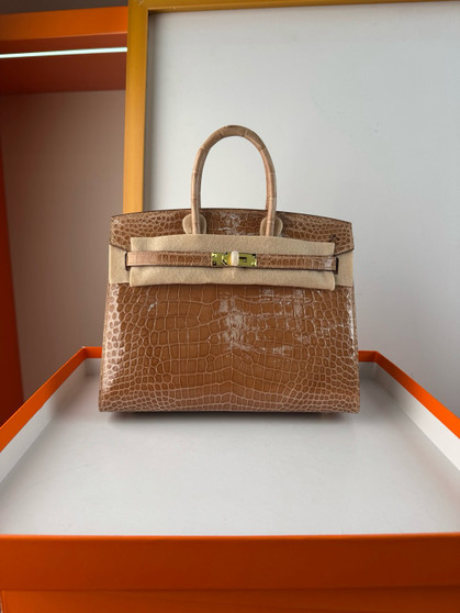 Hermès Sellier Birkin 25 Gold Shiny Crocodile Niloticus Gold Hardware 