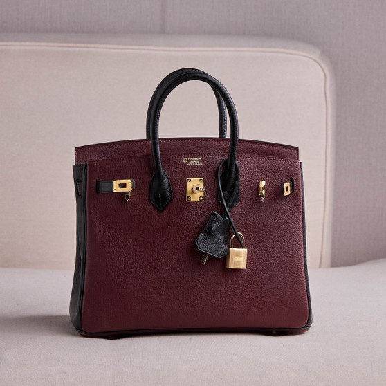  Hermes Special Order Bordeaux/ Black  Birkin 25 cm Togo Gold Hardware
