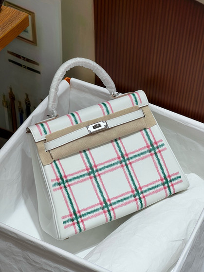 HERMES KELLY 25 TARTAN LIGHT SWIFT GRIS PALE / BUBBLEGUM / VERT MOYEN PHW