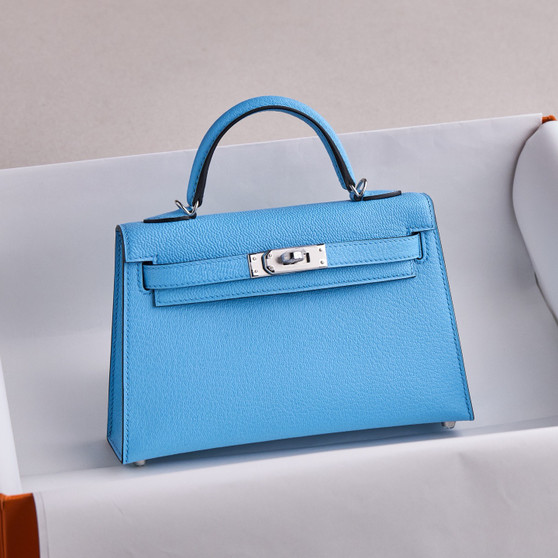 HERMÈS KELLY 20 MINI II SELLIER BLUE CELESTE CHÈVRE PALLADIUM HARDWARE