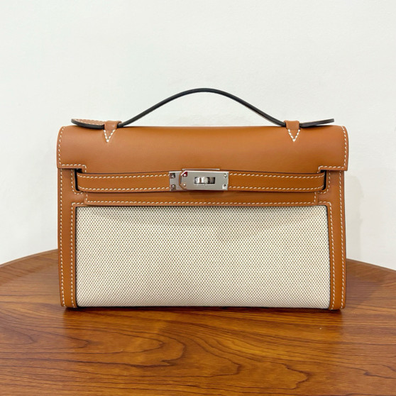 Hermès Limited Edition Mini Kelly Pochette Gold Swift leather/ Toile  Palladium hardware