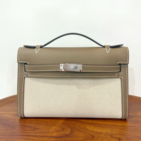 Hermès Limited Edition Mini Kelly Pochette Etoupe Swift leather/ Toile  Palladium hardware
