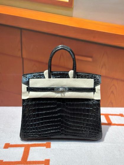Hermès Sellier Birkin 25 Graphite Shiny Crocodile Niloticus Palladium Hardware 