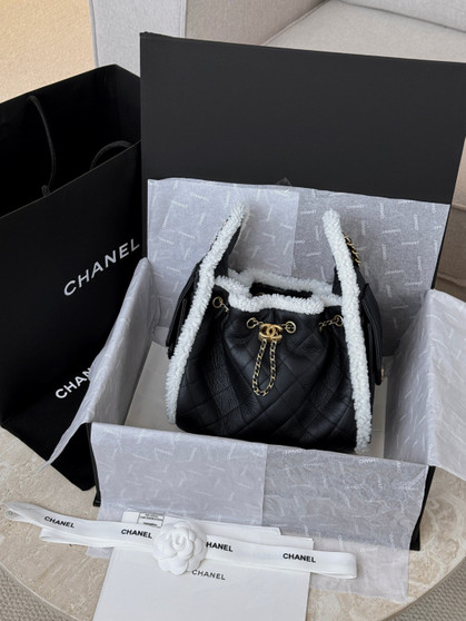 CHANEL Limited Edition 25 Small Black Handbag  Crumpled Shearling Sheepskin
