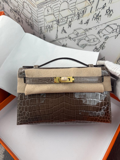 Hermes Etoupe Mini Kelly Pochette Crocodile Niloticus with Gold Hardware