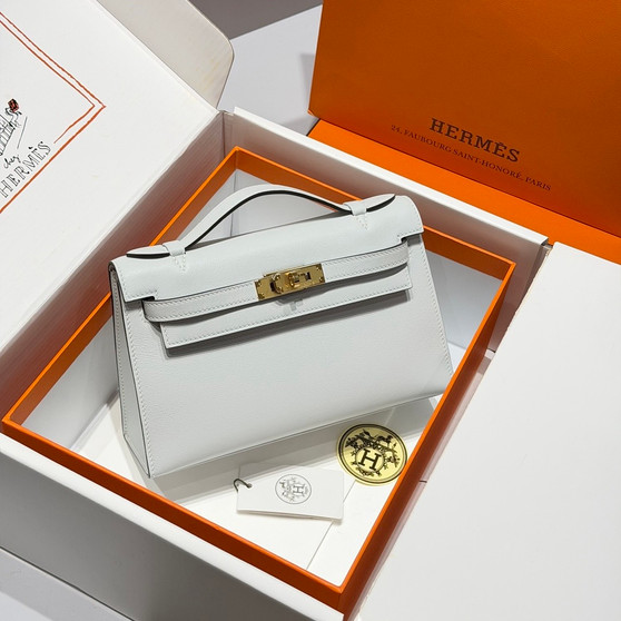 Hermès Blue Pale Mini Kelly Pochette Swift leather Gold hardware