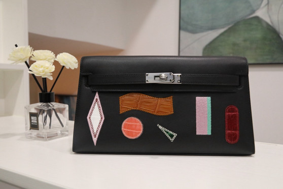 Hermès Kelly Elan Broderie Black Bet-Tab Swift, Niloticus Crocodile and Alligator Palladium Hardware 