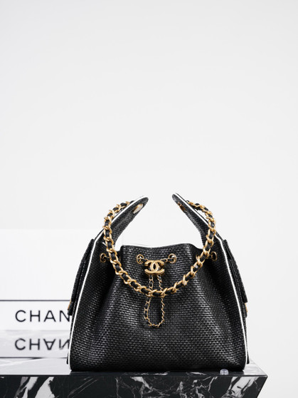 CHANEL SMALL 25 HOBO BAG Black Raffia & White Calfskin | Antique Gold Hardware
