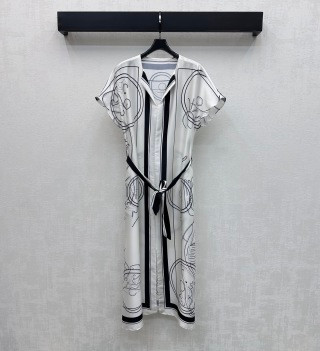 Silk Printed Belted Shirt Dress – Artistic Line Pattern