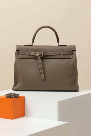 Hermès Kelly Flat 35 Handbag Etoupe Palladium Hardware