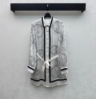 Silk Printed Belt Shirt Dress / Long Sleeve