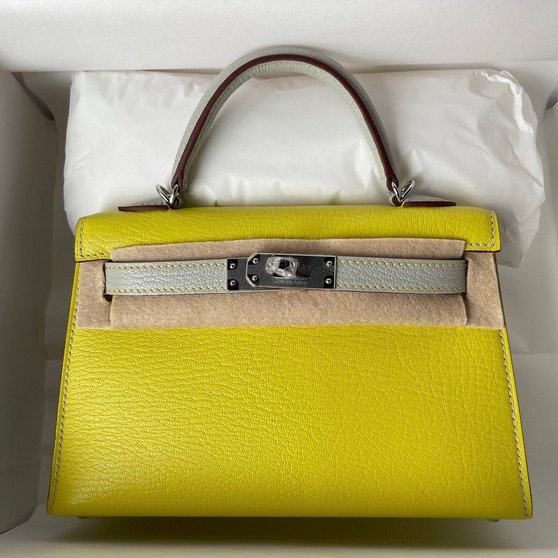 Hermès Mini Kelly II Sellier Bag in Yellow and Gris Perle Chevre Leather