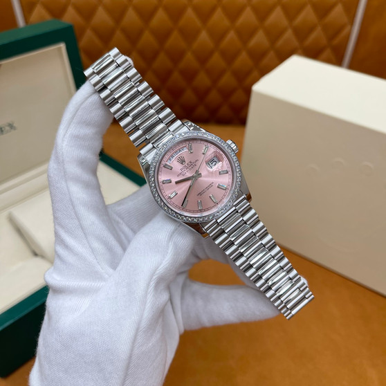 ROLEX DAY-DATE 36 18k White Gold | Pink Baguette Diamond Dial | President Bracelet