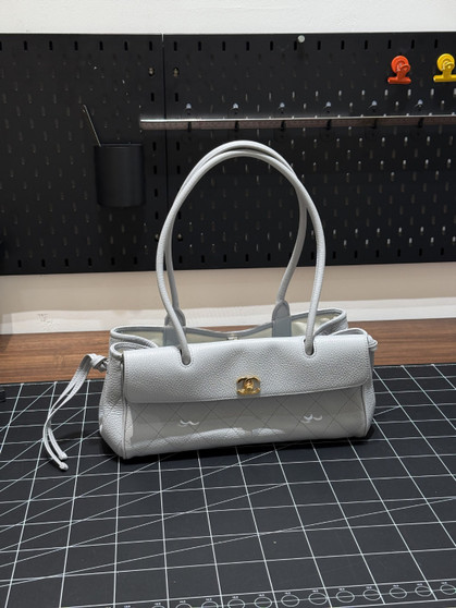 Chanel SS26 Large Bowling Bag - Grained Calfskin & Gold-Tone Metal - Grey Blue