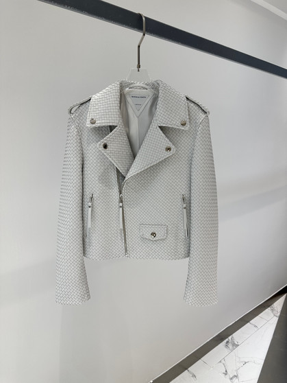 Bottega Veneta Intrecciato Woven Leather Moto Jacket - White
