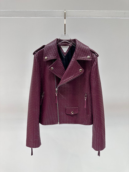 Bottega Veneta Intrecciato Woven Leather Moto Jacket - Burgundy