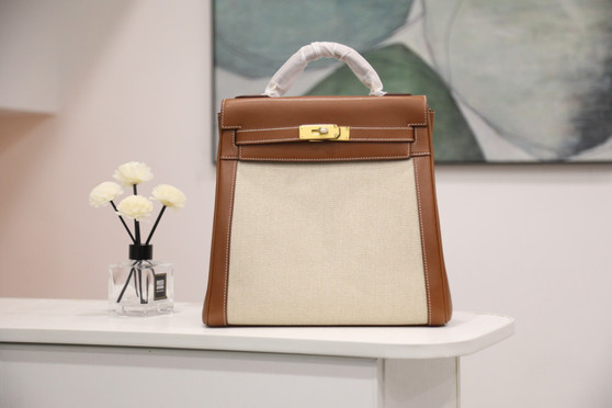 Hermès Kelly Ado 28 Backpack – Fauve Barenia Canvas GHW