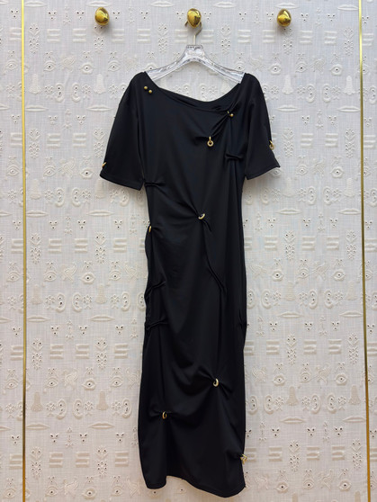 Schiaparelli Asymmetric Knotted Short-Sleeve Midi Dress – Black