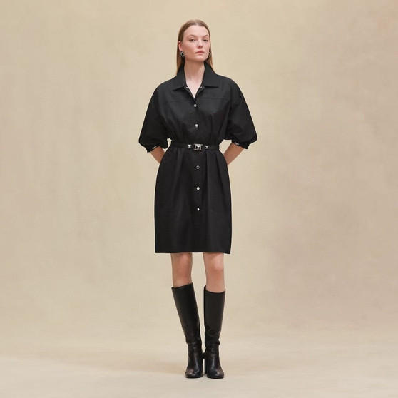 Hermès Spring/Summer 2026 H-Jacquard Lantern Sleeve Shirt Dress – Black
