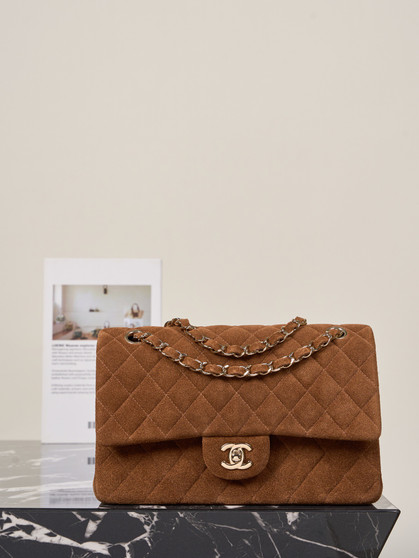 Chanel Classic Flap Bag in Brown Suede with Gold Tone Hardware