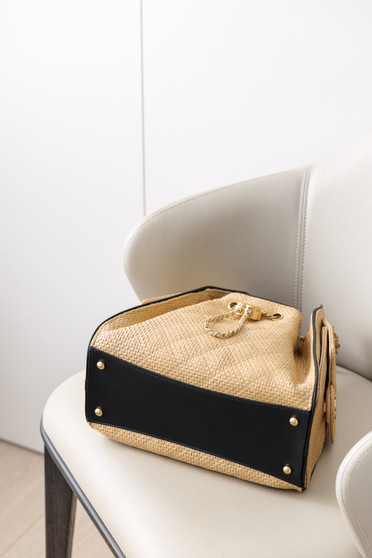 CHANEL 25 Mini Handbag   Braided Raffia, Calfskin & Gold-Tone Metal  Beige & Black