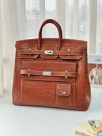 Hermès Haut à Courroies 50 Golden Brown Nile Crocodile Silver Hardware
