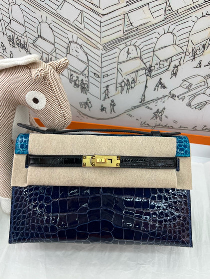 Hermès Kelly Pochette Shiny Alligator Lisse Tri-Color (Bleu Nuit / Bleu Frida / Noir GHW)