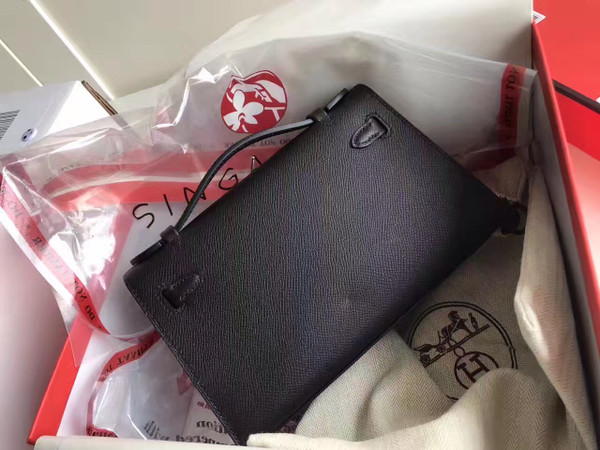 Hermes Black Epsom Leather Mini Kelly Pochette with Golden Hardware