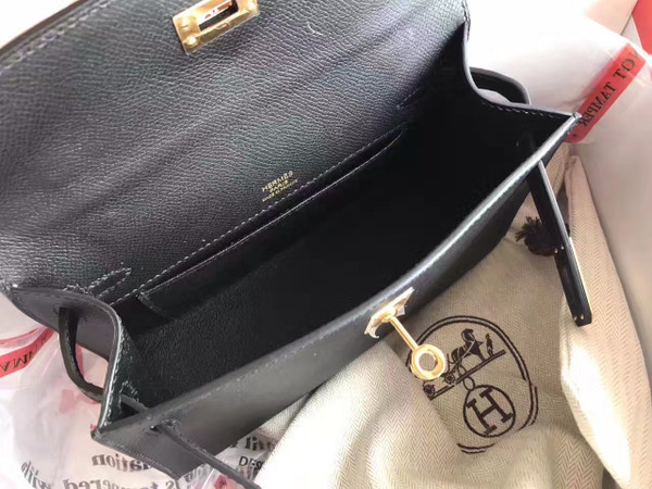 Hermes Black Epsom Leather Mini Kelly Pochette with Golden Hardware
