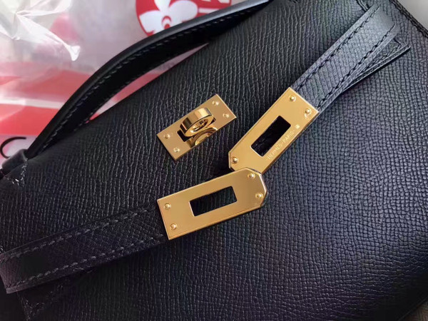 Hermes Black Epsom Leather Mini Kelly Pochette with Golden Hardware