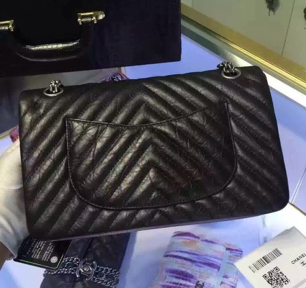 Chanel Black V Quilted Aged Calf Chevron Flap Bag with Silver Hardware Black